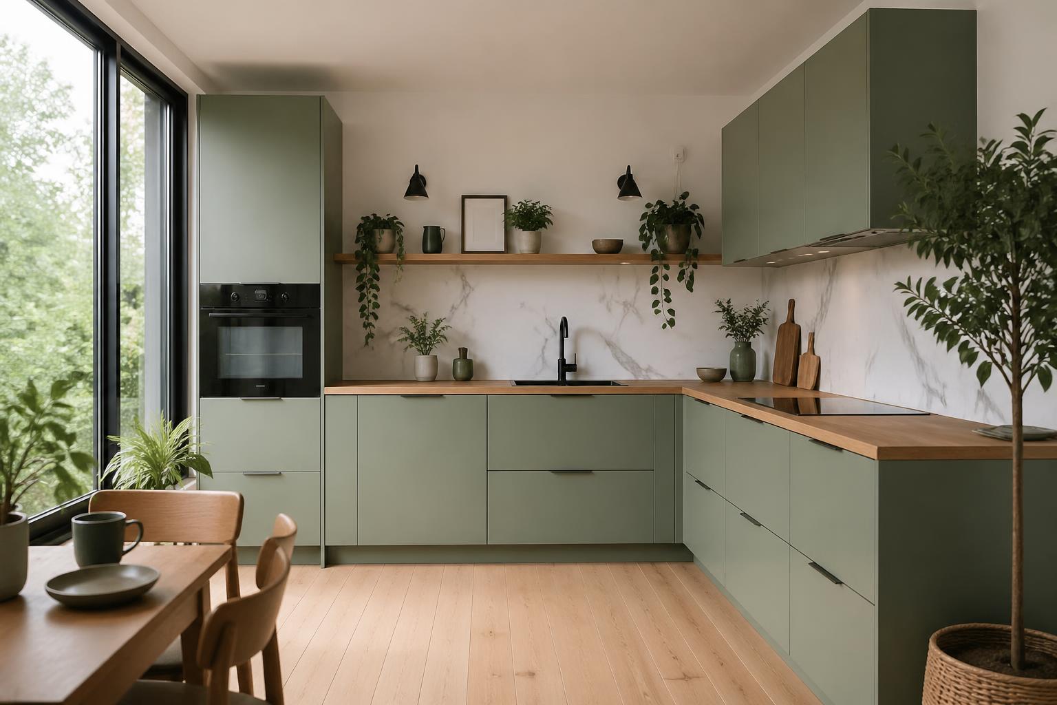 découvrez comment l'association du vert sauge et du bois crée une cuisine chaleureuse et lumineuse, apportant douceur et élégance sans alourdir l'espace.