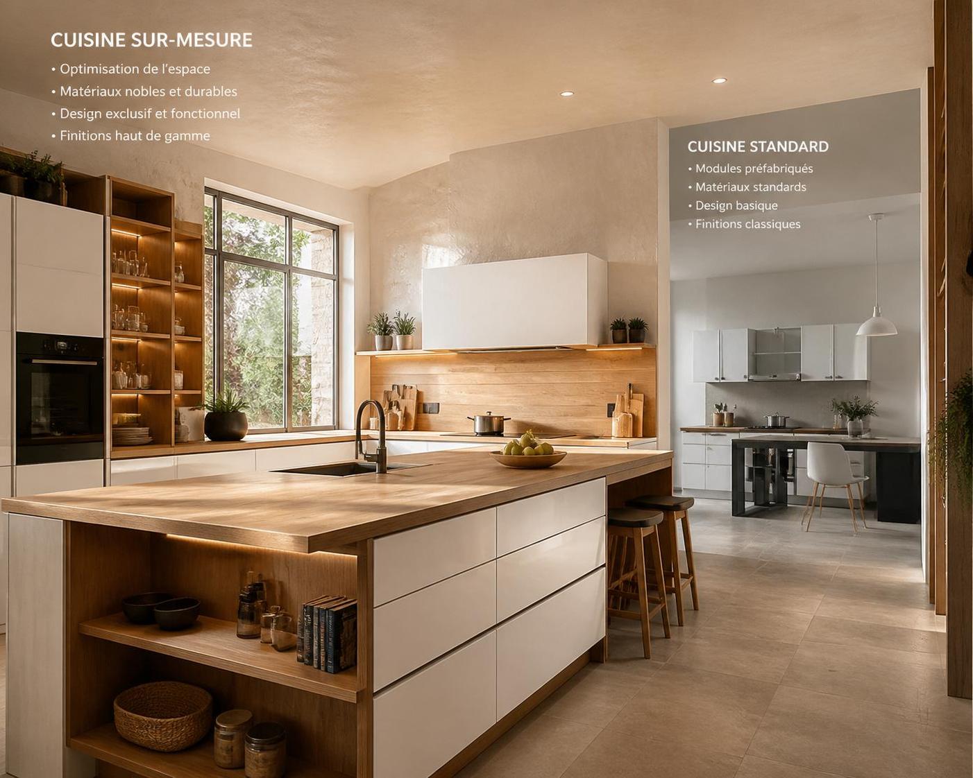 comparez en détail les devis d'une cuisine sur-mesure à 38 000 € chez un ébéniste et à 22 000 € en grande enseigne, poste par poste, pour mieux comprendre les différences de prix et de qualité.