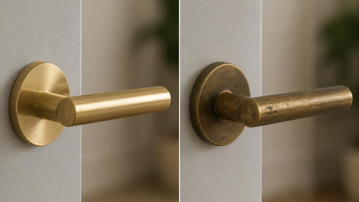 découvrez une comparaison détaillée entre le laiton brossé et le laiton vieilli sur poignées de porte, avec 24 mois de patine documentés en photos pour observer leur évolution et leur esthétique.
