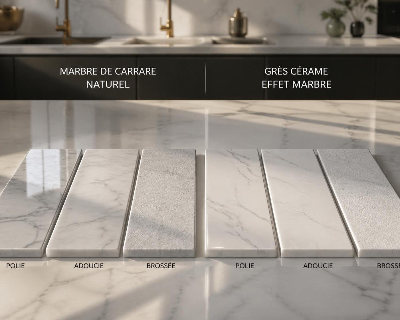 découvrez notre comparaison détaillée entre le marbre de carrare et le grès cérame effet marbre à travers des tests rigoureux d'acide chlorhydrique, de résistance aux taches grasses et aux rayures sur six finitions différentes.