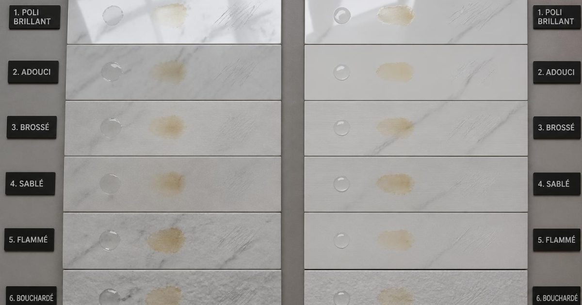 Marbre Carrare vs grès cérame effet marbre : test acide chlorhydrique, taches grasses et rayures sur 6 finitions