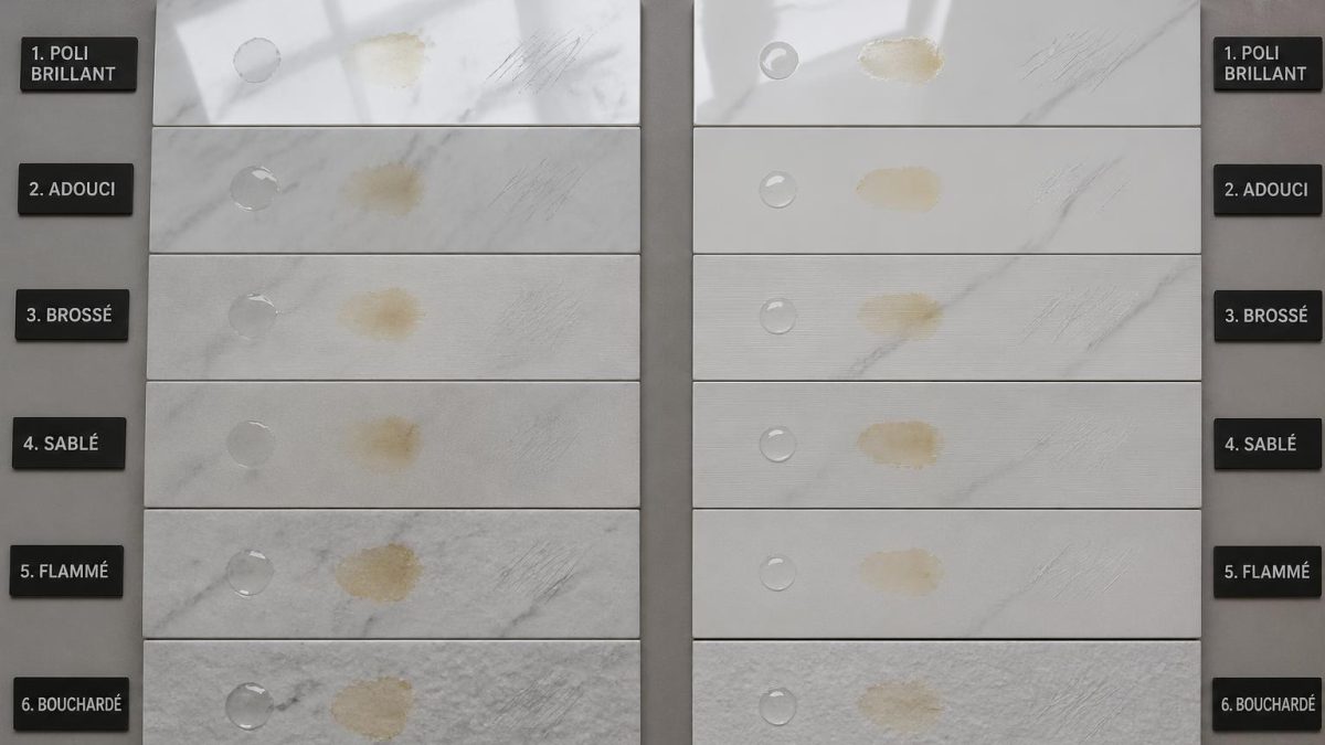 découvrez notre test complet comparant le marbre de carrare et le grès cérame effet marbre face à l'acide chlorhydrique, aux taches grasses et aux rayures sur 6 finitions différentes pour choisir la meilleure option.