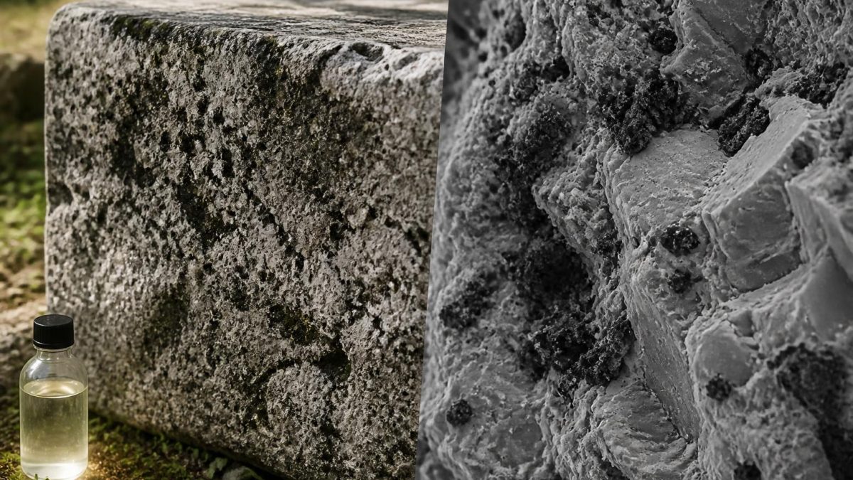 découvrez comment un travertin noirci après 4 ans à l'extérieur a été analysé au microscope pour identifier le décapant idéal et retrouver son éclat d'origine.