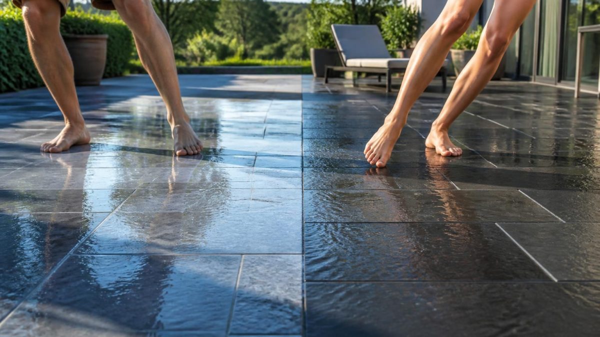 découvrez notre test comparatif de la glissance à pieds nus mouillés entre la pierre bleue du hainaut et l'ardoise sur une terrasse exposée sud. idéal pour choisir le meilleur revêtement sécuritaire et esthétique.