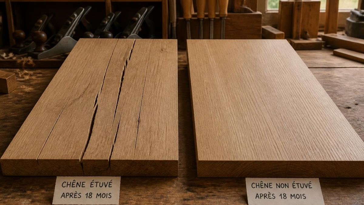 découvrez pourquoi votre ébéniste évite le chêne séché en étuve, illustré par une démonstration concrète sur deux plateaux fendus en 18 mois.