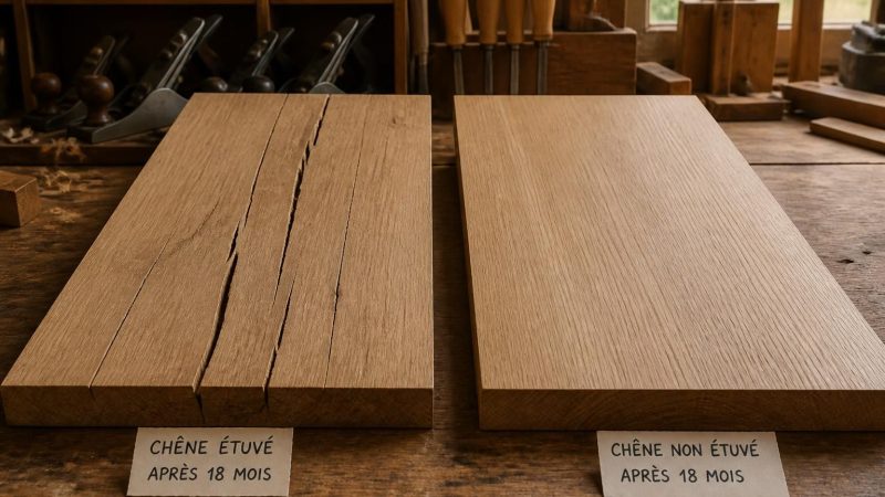 Pourquoi mon ébéniste refuse le chêne séché en étuve : démonstration sur 2 plateaux fendus en 18 mois