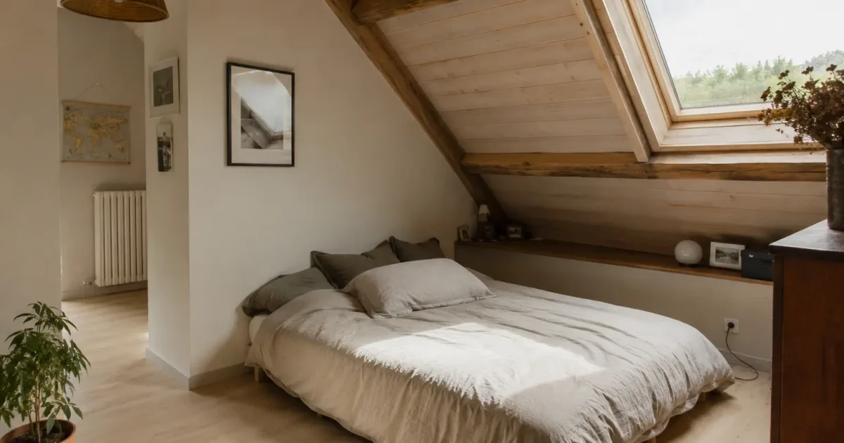 Chambre aménagée sous combles avec plafond mansardé en bois et fenêtre de toit