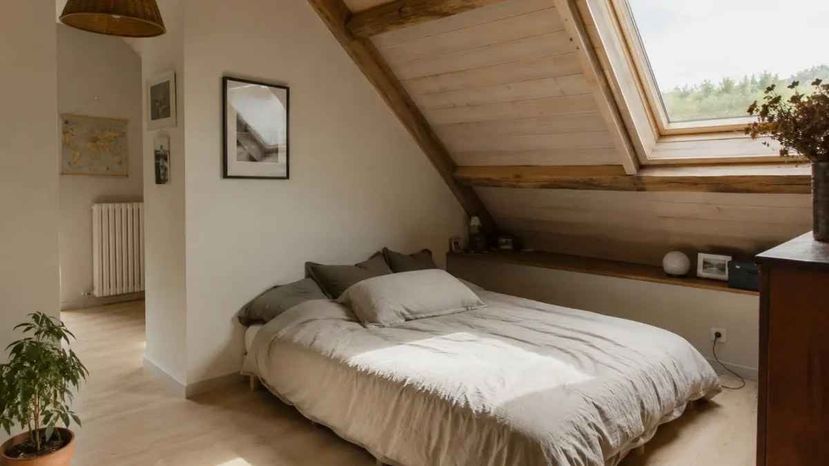 Chambre aménagée sous combles avec plafond mansardé en bois et fenêtre de toit
