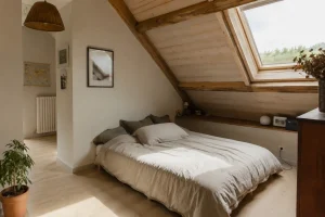Chambre aménagée sous combles avec plafond mansardé en bois et fenêtre de toit