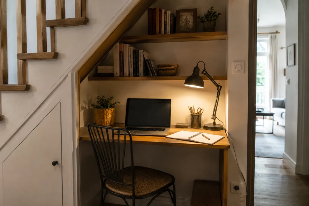 Petit bureau aménagé dans l'alcôve sous un escalier avec lampe et étagères