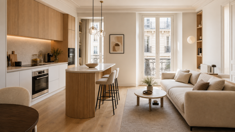 Une cuisine ouverte sur salon de 25 m2, les bonnes idées pour gagner en espace et en style