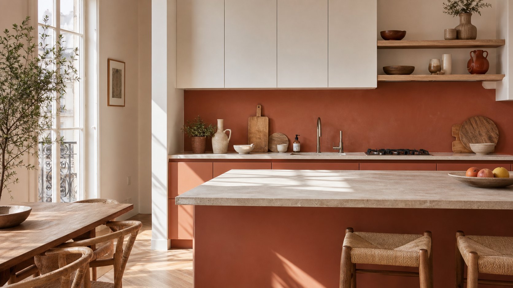 Cuisine terracotta et blanc lumineuse avec meubles terracotta, murs blancs et bois clair