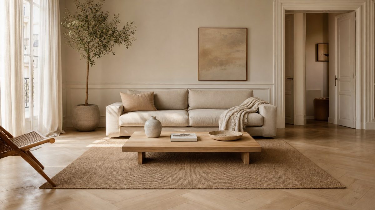 Salon clair avec table basse bien proportionnée devant un canapé beige