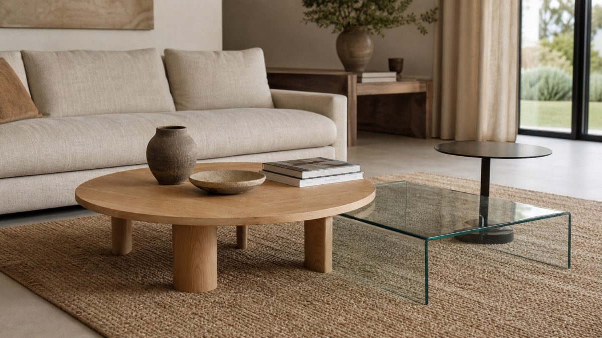 Sélection de tables basses design en bois, verre et métal dans un salon contemporain