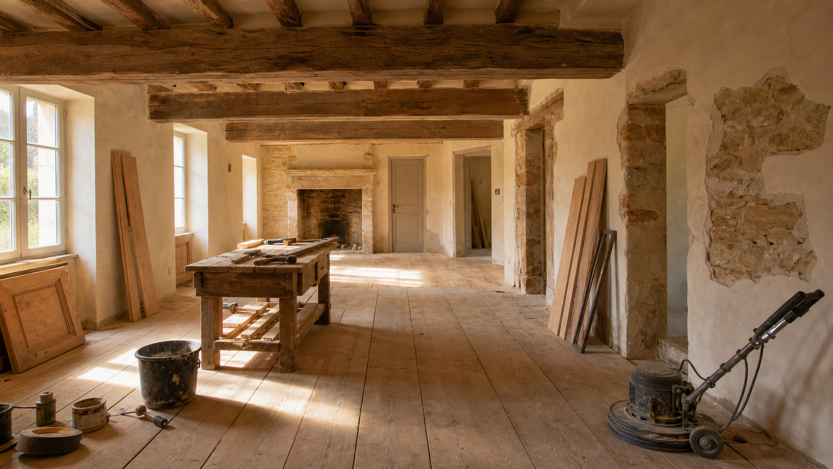 Rénovation de maison ancienne avec murs en pierre, poutres apparentes et matériaux naturels