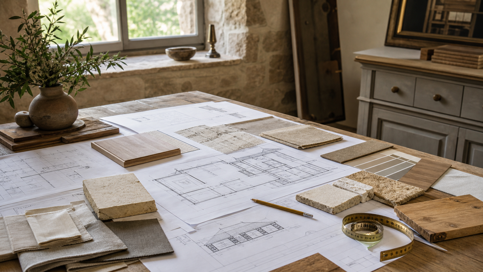 Planification de rénovation maison ancienne avec plans, échantillons de matériaux et outils