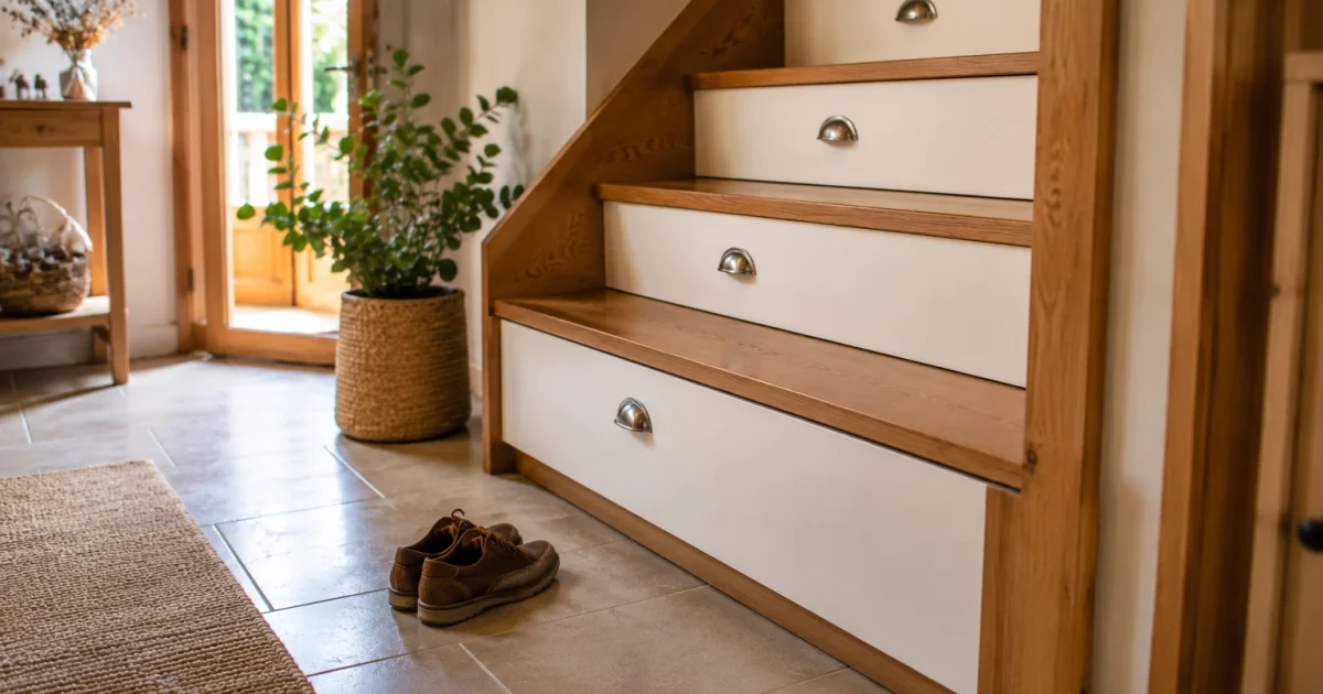 Rangement sous escalier avec tiroirs intégrés sur mesure dans un couloir clair