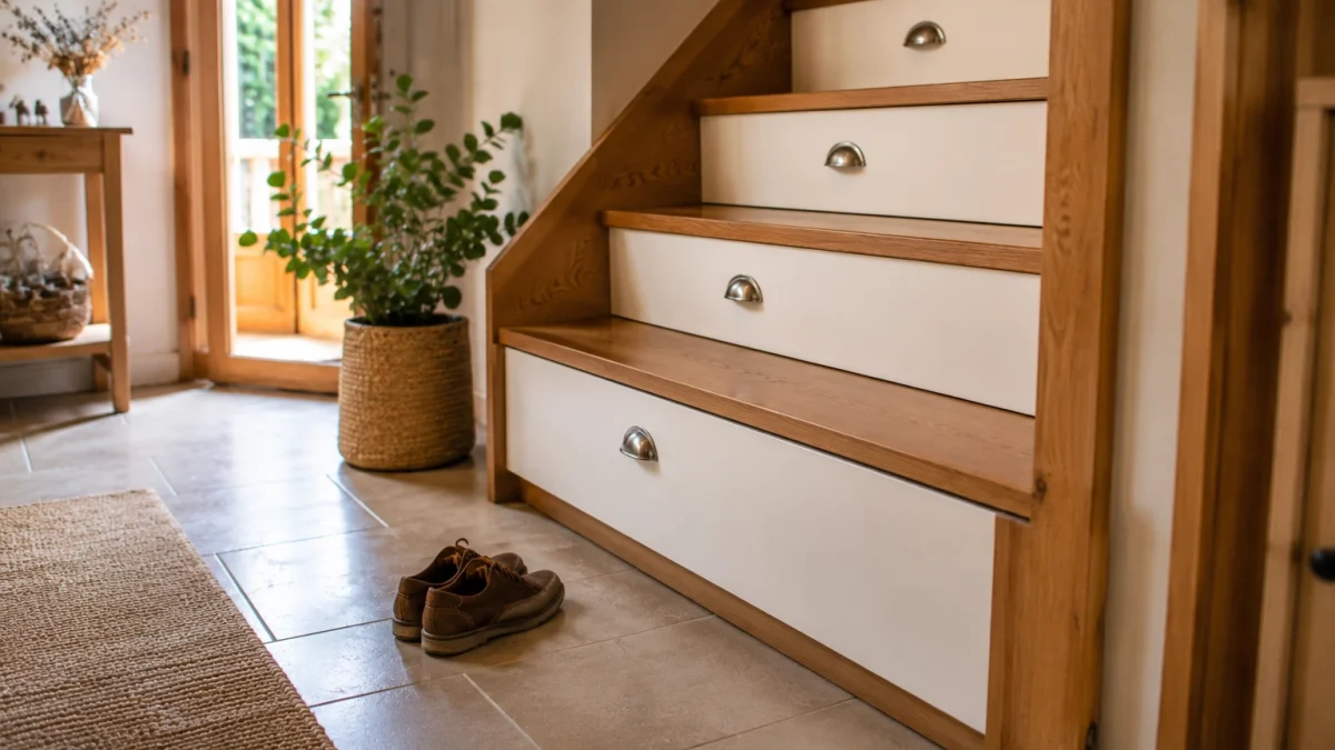 Rangement sous escalier avec tiroirs intégrés sur mesure dans un couloir clair