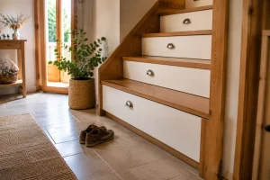 Rangement sous escalier avec tiroirs intégrés sur mesure dans un couloir clair