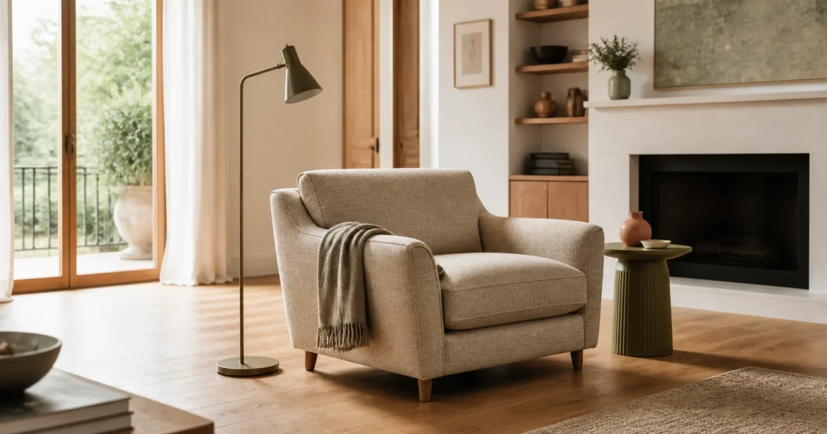 Fauteuil beige dans un salon lumineux avec circulation dégagée
