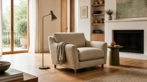 Fauteuil beige dans un salon lumineux avec circulation dégagée