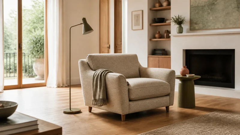 Fauteuil beige dans un salon lumineux avec circulation dégagée