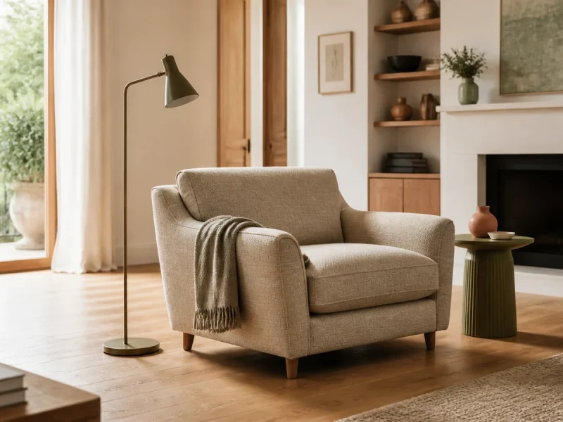 Fauteuil beige dans un salon lumineux avec circulation dégagée