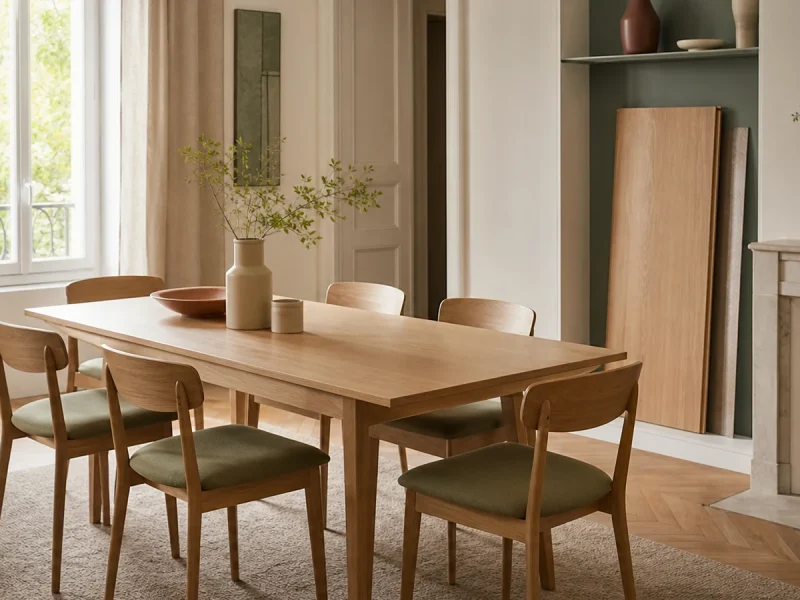 Table extensible fermée dans une salle à manger avec rallonge rangée à proximité