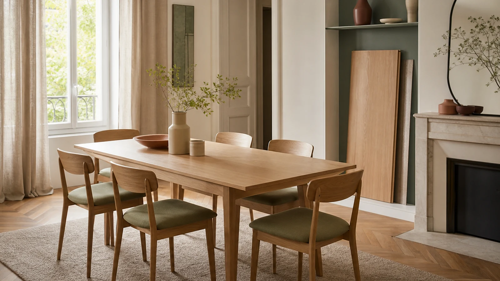 Table extensible fermée dans une salle à manger avec rallonge rangée à proximité