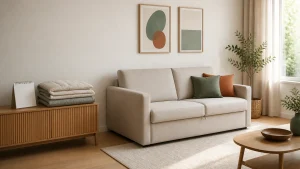 Canapé convertible fermé avec du linge plié dans un salon