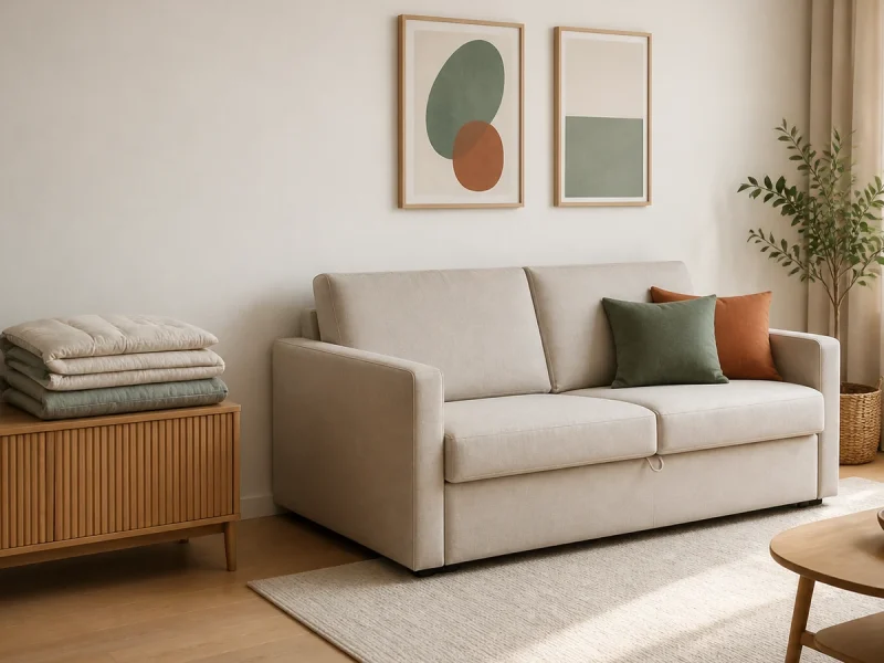 Canapé convertible fermé avec du linge plié dans un salon