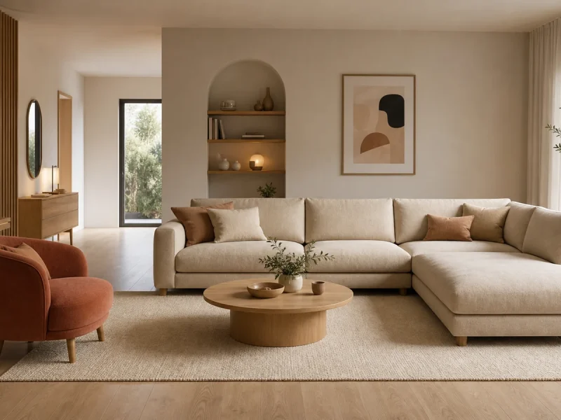 Fauteuil placé du côté ouvert d’un canapé d’angle dans un salon