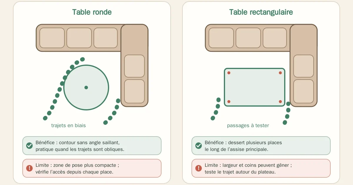 Comparaison de tables basses ronde et rectangulaire devant un canapé d’angle vu de dessus
