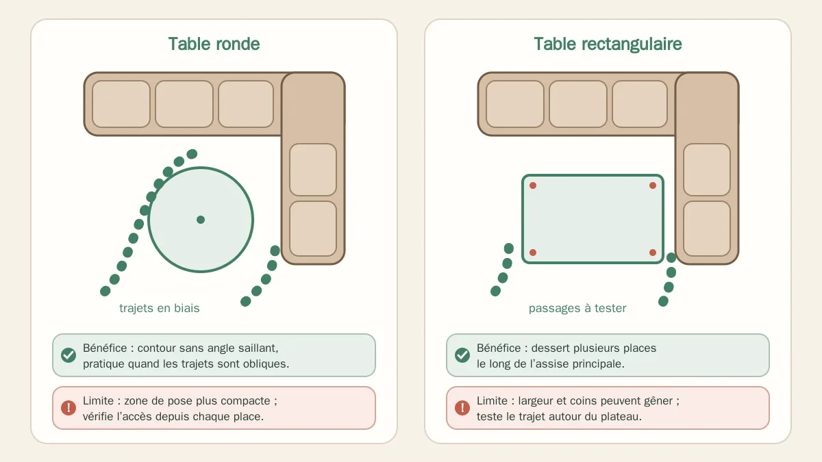 Comparaison de tables basses ronde et rectangulaire devant un canapé d’angle vu de dessus