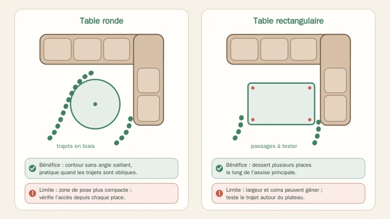 Comparaison de tables basses ronde et rectangulaire devant un canapé d’angle vu de dessus