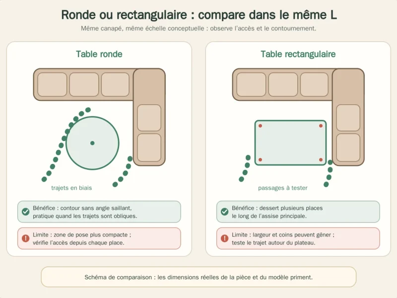 Comparaison de tables basses ronde et rectangulaire devant un canapé d’angle vu de dessus