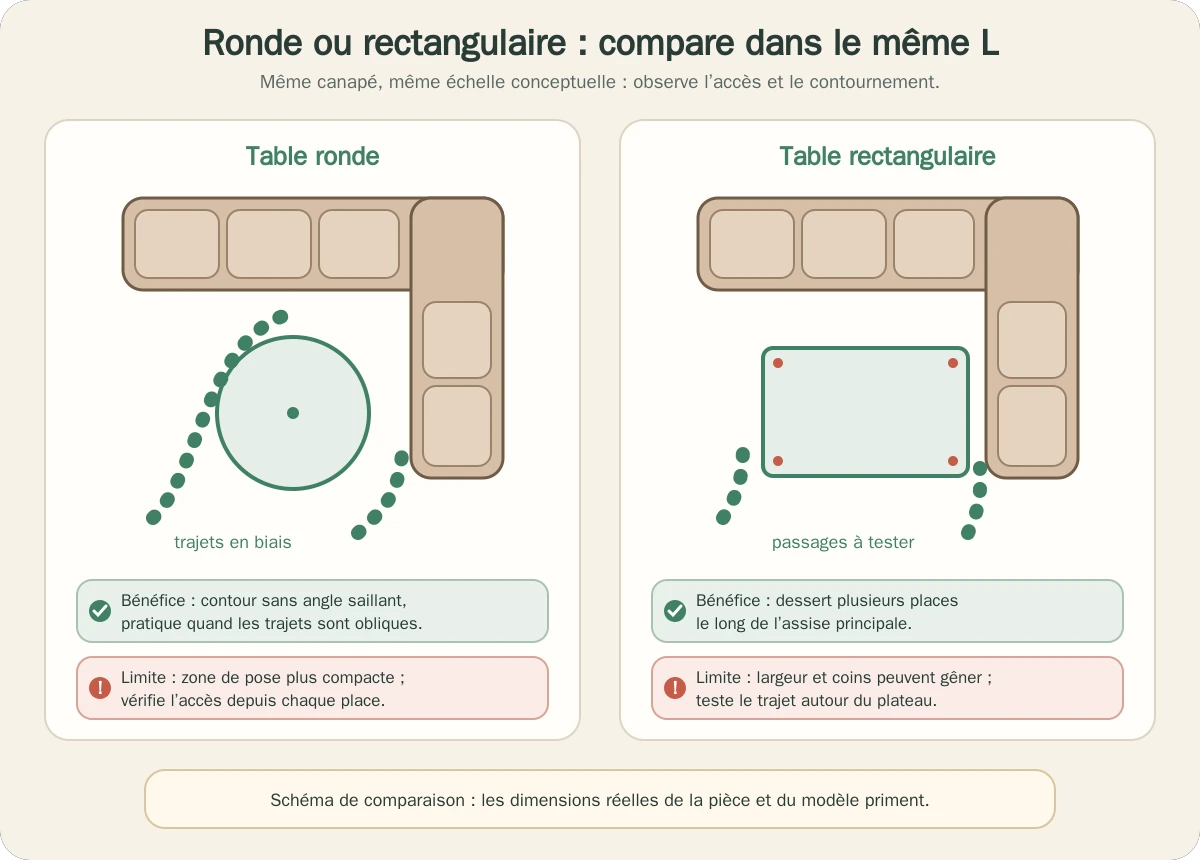 Comparaison de tables basses ronde et rectangulaire devant un canapé d’angle vu de dessus