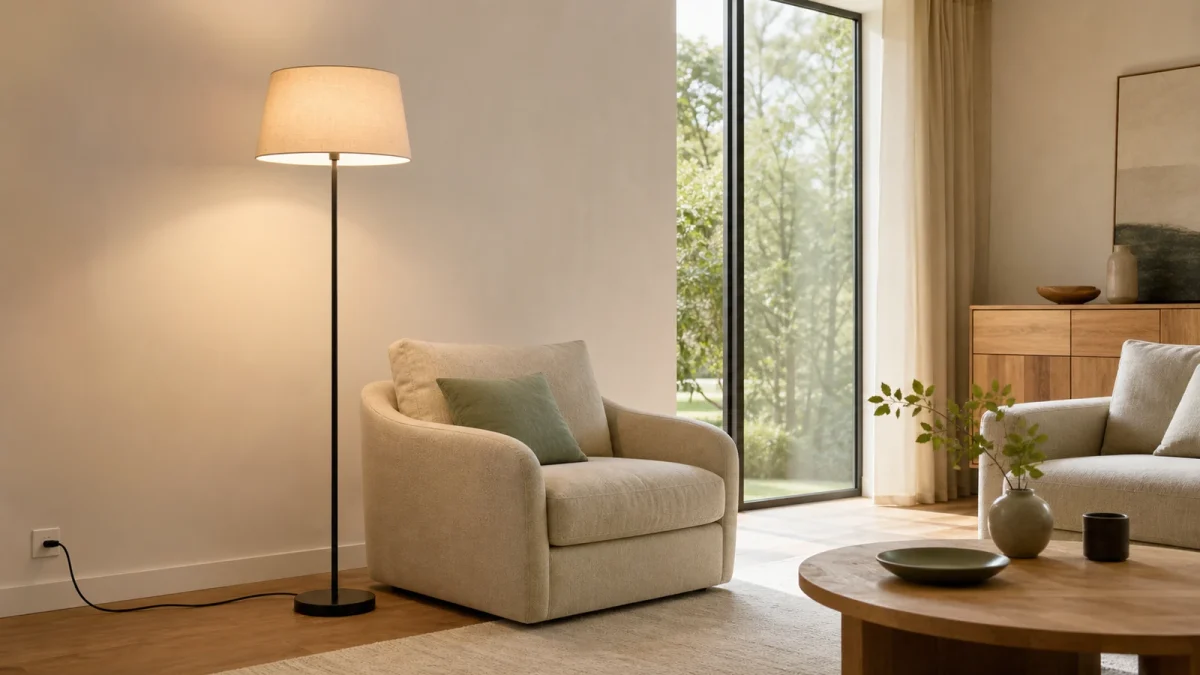 Lampadaire placé près d’un fauteuil dans un salon contemporain