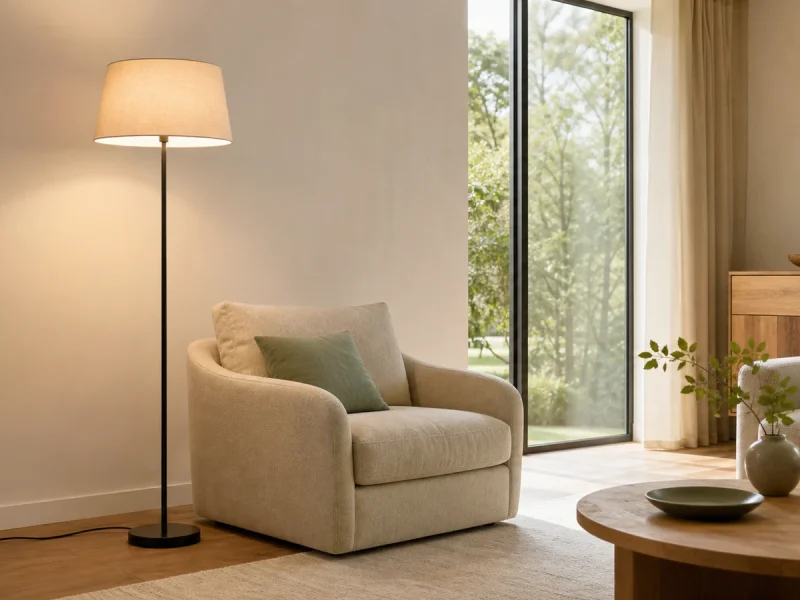 Lampadaire placé près d’un fauteuil dans un salon contemporain