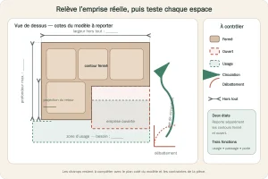 Schéma des dimensions et emprises à relever sur un canapé d’angle