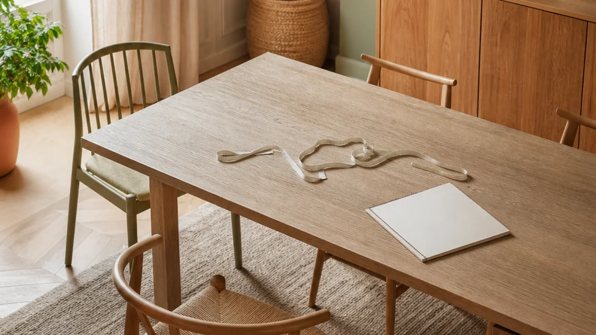 Table à manger avec mètre ruban et carnet pour relever les dimensions du plateau