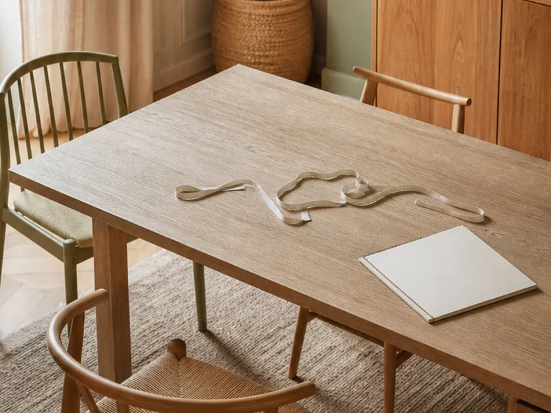 Table à manger avec mètre ruban et carnet pour relever les dimensions du plateau