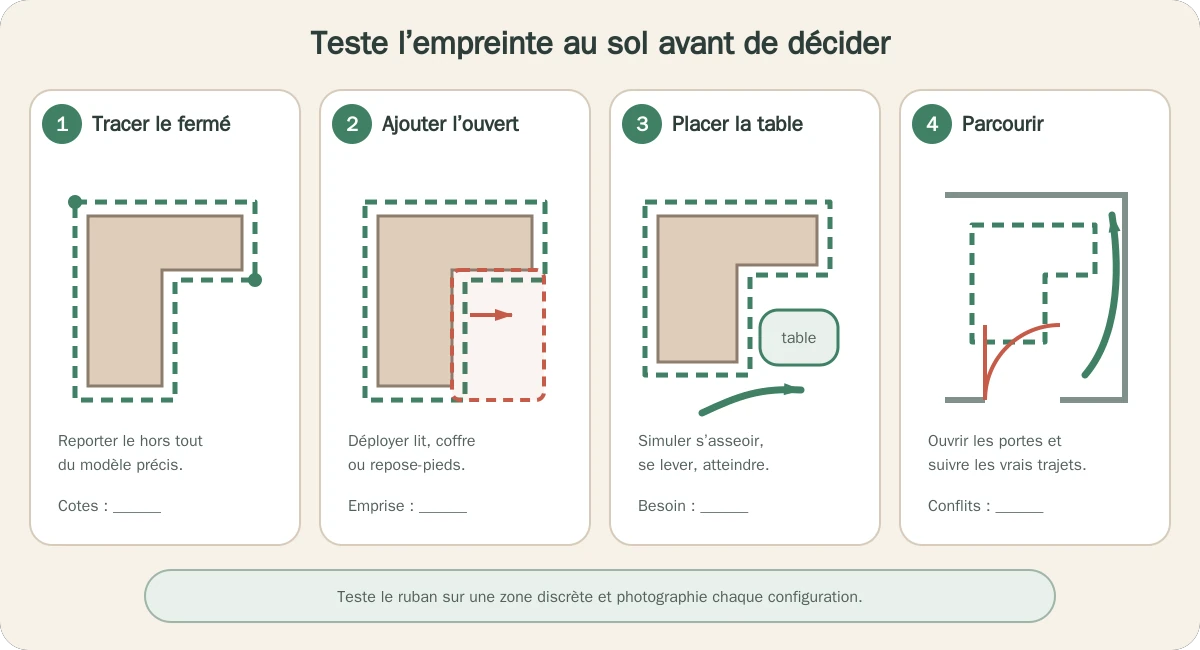 Quatre étapes pour tester au sol l’emprise d’un canapé d’angle