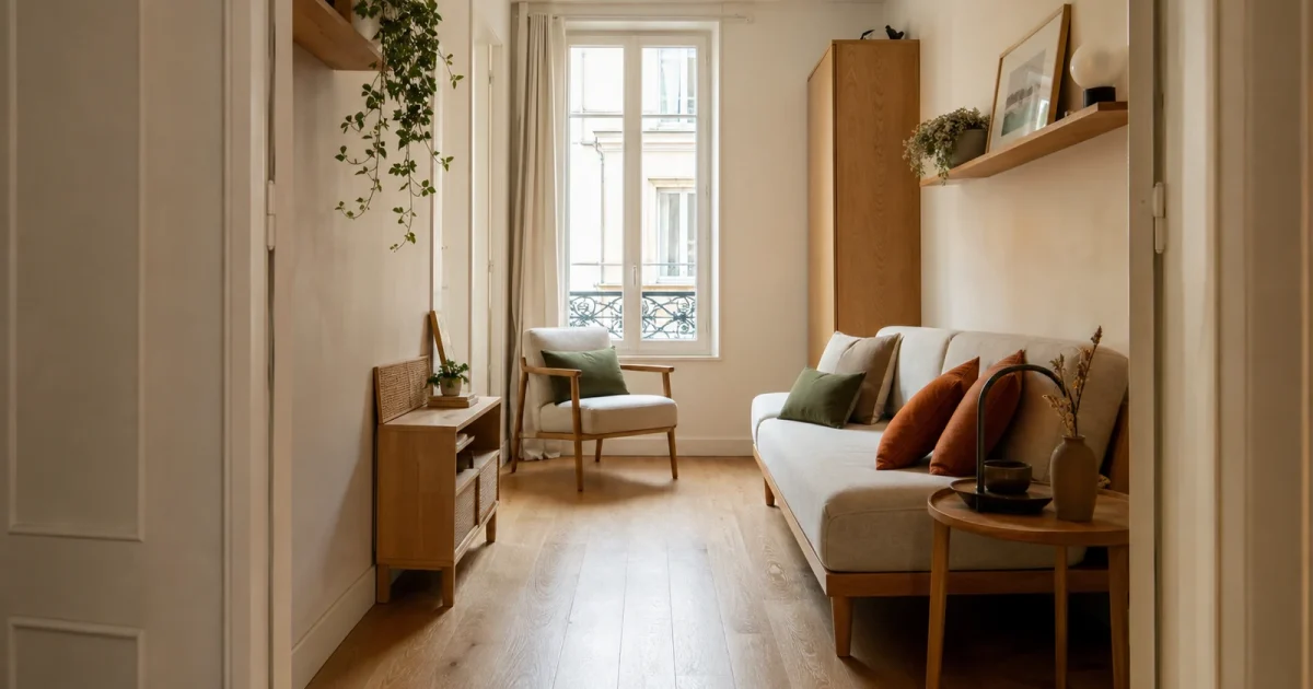 Fauteuil compact dans un petit salon avec passage dégagé
