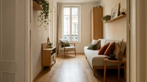 Fauteuil compact dans un petit salon avec passage dégagé