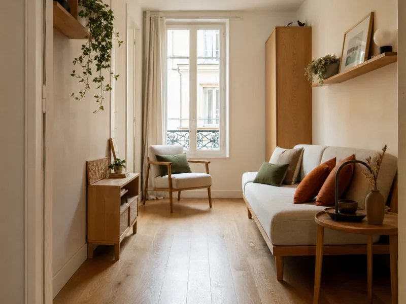 Fauteuil compact dans un petit salon avec passage dégagé