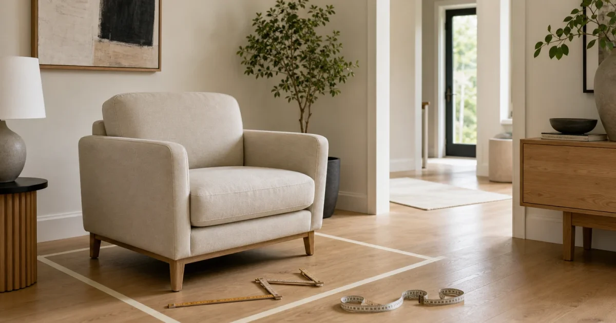 Fauteuil de salon avec mètre ruban et emprise marquée au sol