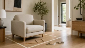 Fauteuil de salon avec mètre ruban et emprise marquée au sol