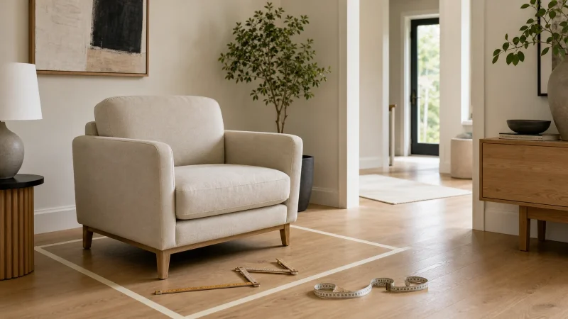 Fauteuil de salon avec mètre ruban et emprise marquée au sol