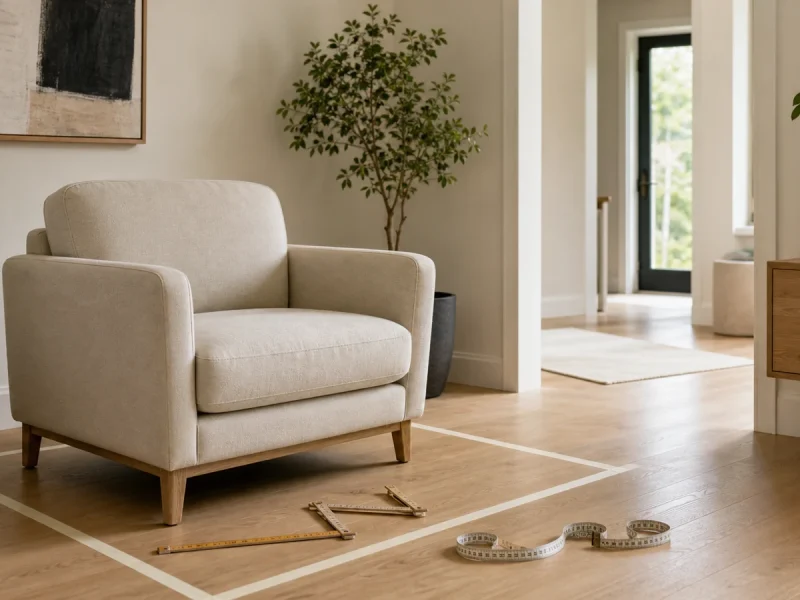 Fauteuil de salon avec mètre ruban et emprise marquée au sol